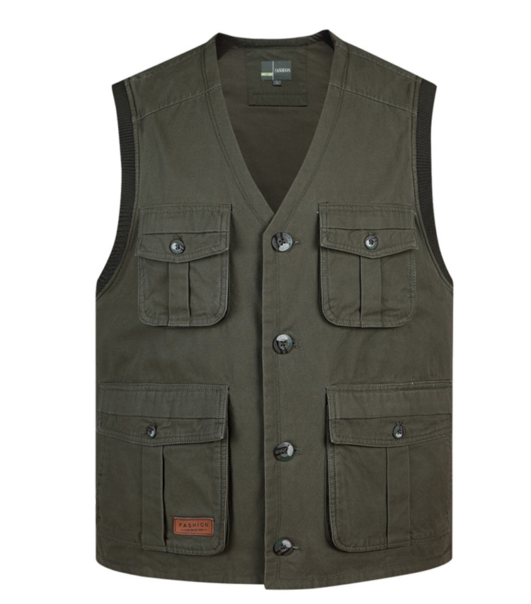 Mùa xuân và mùa thu trung niên vest nam V-cổ áo đa túi cha trung niên mặc áo vest cotton vest áo khoác giả vest nam hàn quốc
