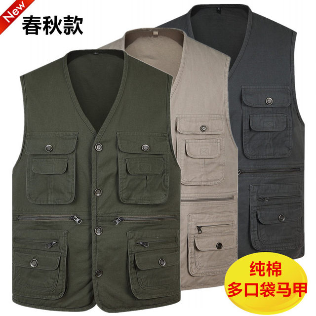 Spring and autumn middle-aged and elderly vest male V-neck multi-pocket waistcoat vest dad outfit outdoor fishing photography pure cotton vest