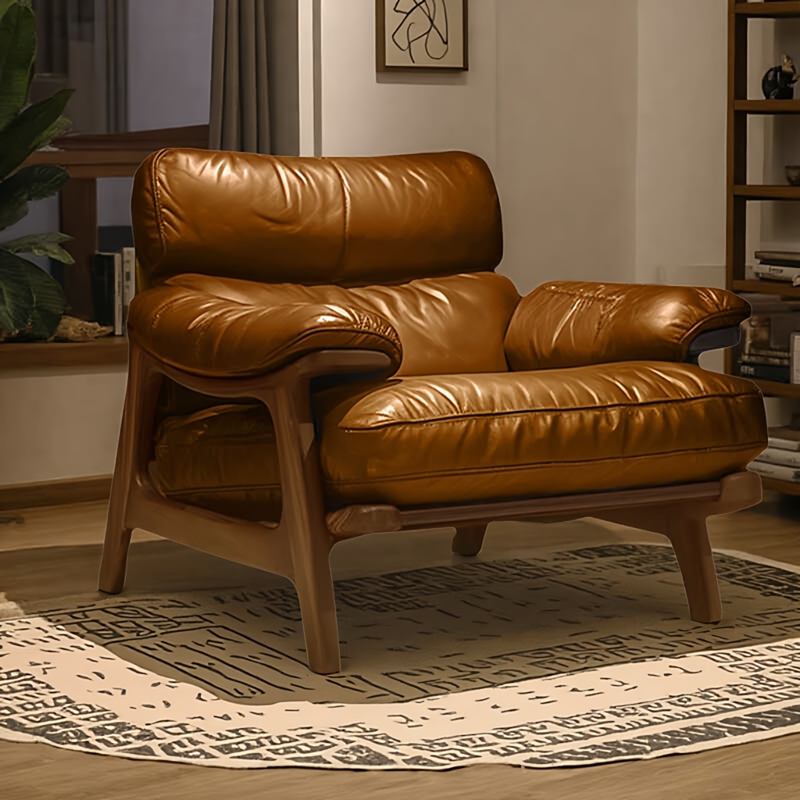 Designer Single Leisure Sofa Chair, Mid-Century Style, Top-Grain Genuine Leather, for Living Room, Home Study, Balcony, Tea Lounge Chair Designer Single Leisure Sofa Chair, Mid-Century Style, Top-Grain Genuine Leather, for Living Room, Home Study, Balcony, Tea Lounge Chair