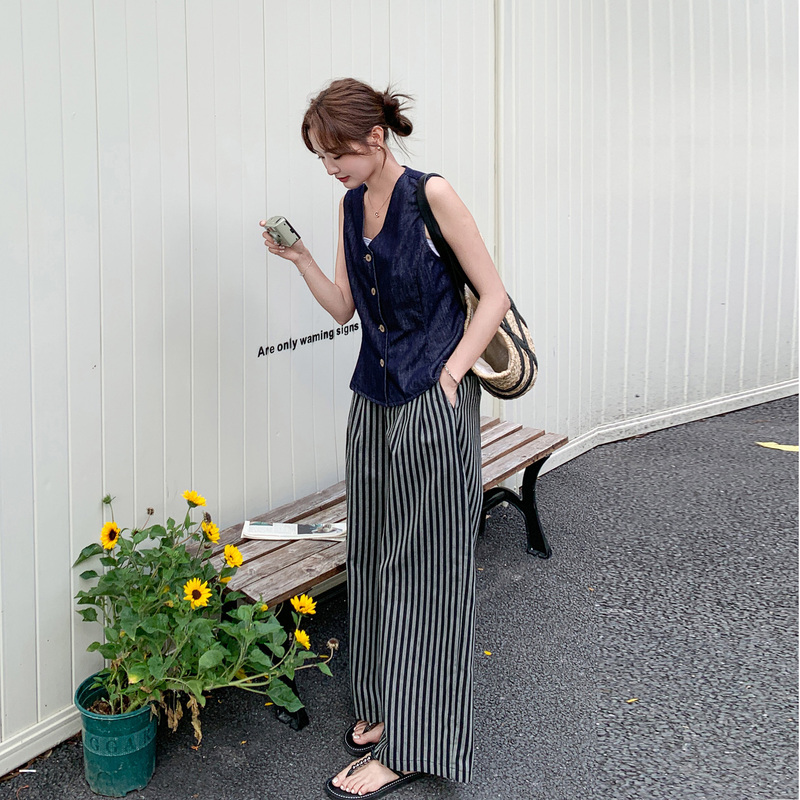 Korean Style Lazy Style Sleeveless Top Sweatshirt Wide-Leg Pants Suit for Women New 2026 Summer High-End Elegant Two-Piece Set