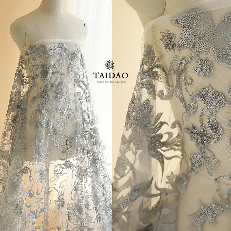 Taidao Embroidery Sequin dress Lace fabric Fabric Dress clothing fabric M26 Gray Semi-sheer lace