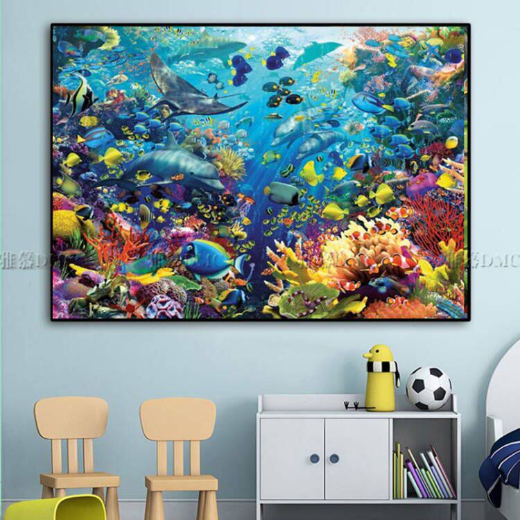New printed DMC cotton thread cross embroidered kit Living room dining room Children's room hanging painting Animals bottom of the sea