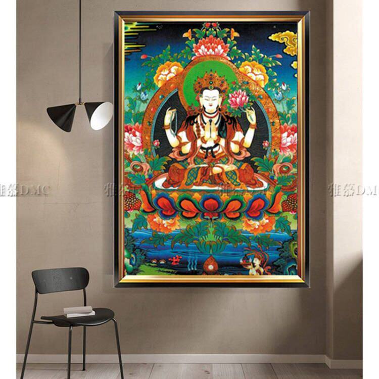 New printed DMC cotton thread cross embroidered kit Living room Buddha figure Tang KaGuanyin Four-arm Guanyin