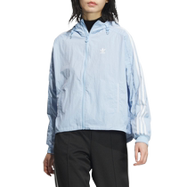 阿迪达斯夹克女三叶草宽松侧开排扣休闲防风服连帽运动外套JI7481