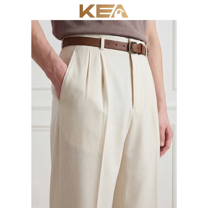 Kea High-End Drapey Breathable Straight-Leg Double-Pleated Cavalry Twill Hollywood Pants Men's Light Beige Dress Pants Casual Trousers Kea High-End Drapey Breathable Straight-Leg Double-Pleated Cavalry Twill Hollywood Pants Men's Light Beige Dress Pants Casual Trousers