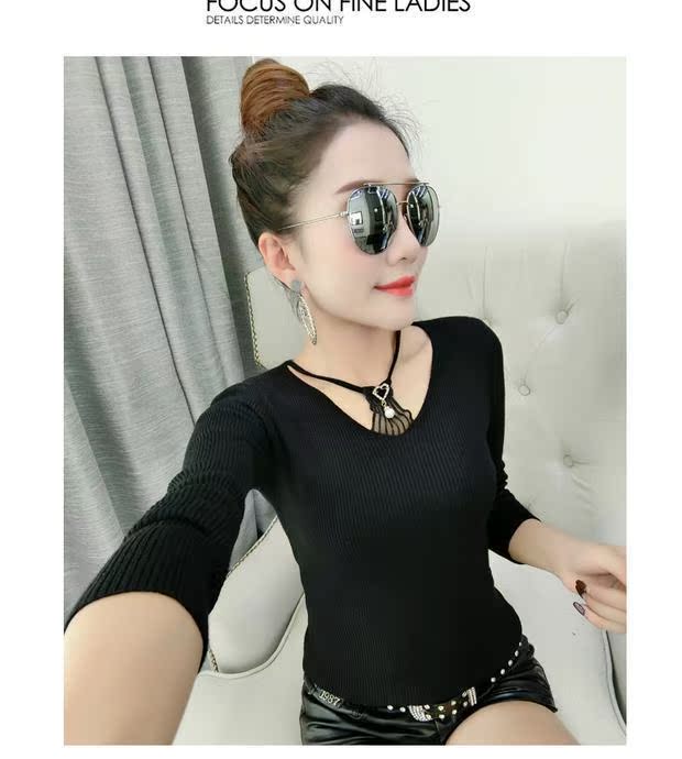 Mùa thu và mùa đông mới Áo sơ mi nữ hoang dã của Hàn Quốc Áo len mỏng tay dài cho nữ cổ treo áo len cổ chữ V áo len tay dài