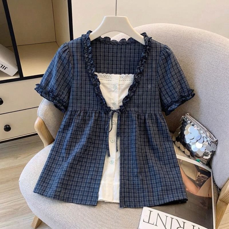 Extra Large Size 150kg Plaid V Neck Puff Sleeve Shirt for Women, Summer Fake Two-Piece Loose Age-Reducing Babydoll Top