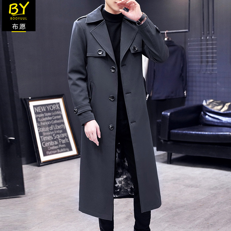 Windbreaker men's mid-length coat trendy and handsome over the knee autumn and winter thickened men's suit collar British style slim coat