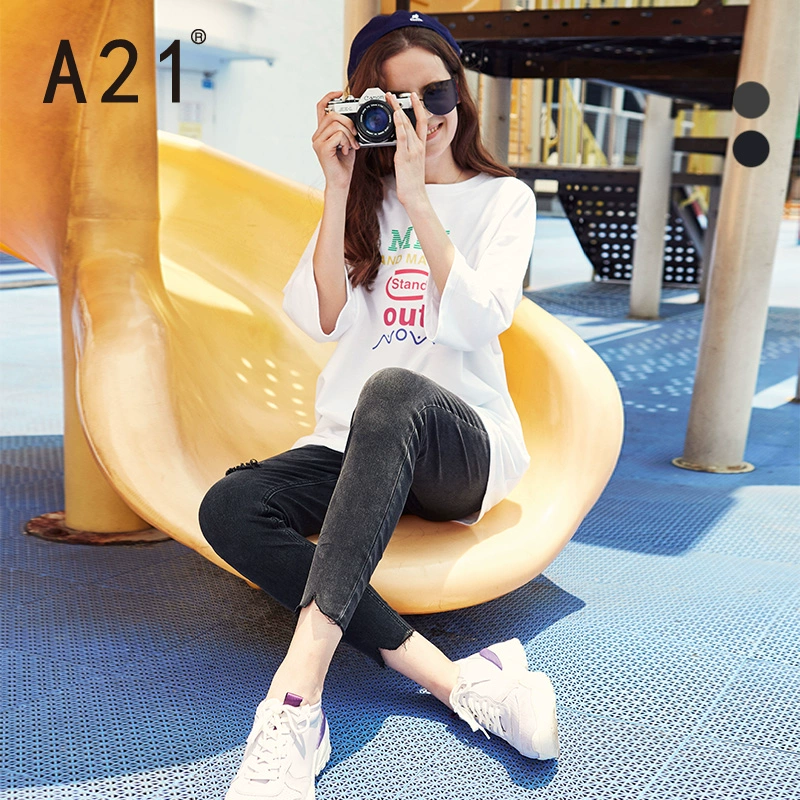 A21 thu đông 2019 mới quần nữ cạp cao rách quần jeans ôm chân chín quần nữ quần đen - Quần jean