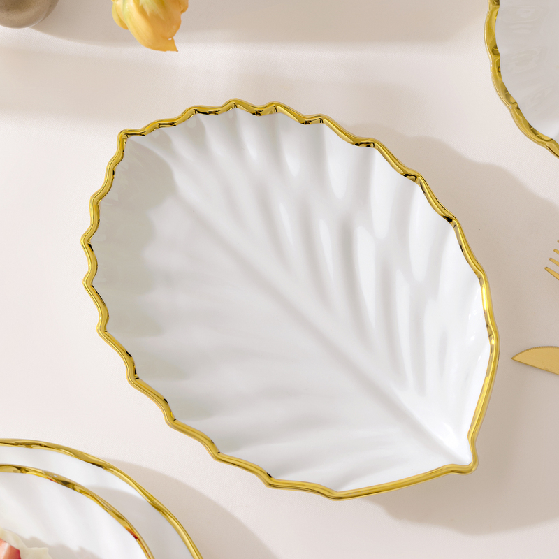 High-Quality European-Style Gold-Rimmed Tableware, Ceramic Plate, Leaf-Shaped Presentation Plate, Dessert Plate, Snack Plate, Decorative Plate, Jewelry Plate