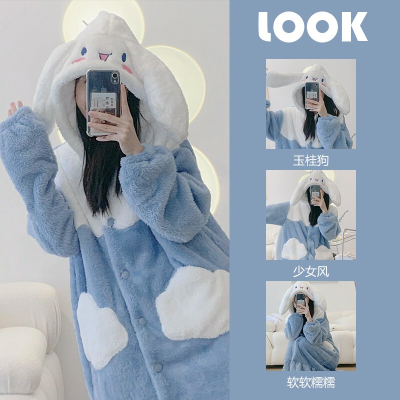 Cinnamon Dog Pajamas for Women, Winter Thickened Coral Fleece, Cute Home Wear, Sanrio Nightgown for Women, Flannel, Can Be Worn Outside Cinnamon Dog Pajamas for Women, Winter Thickened Coral Fleece, Cute Home Wear, Sanrio Nightgown for Women, Flannel, Can Be Worn Outside