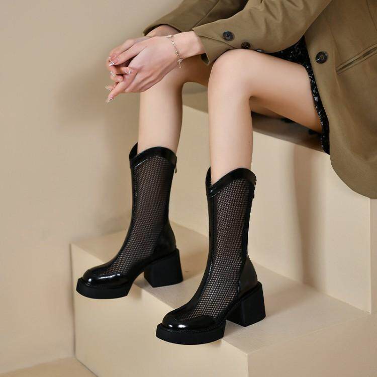 Half Barrel Hollowed-out Cool Boots Summer Coarse Heel Mesh Boots Fishing Nets Sexy Middle Cylinder Boots Semi-Overdraft Net Sandals Sandals High Heel
