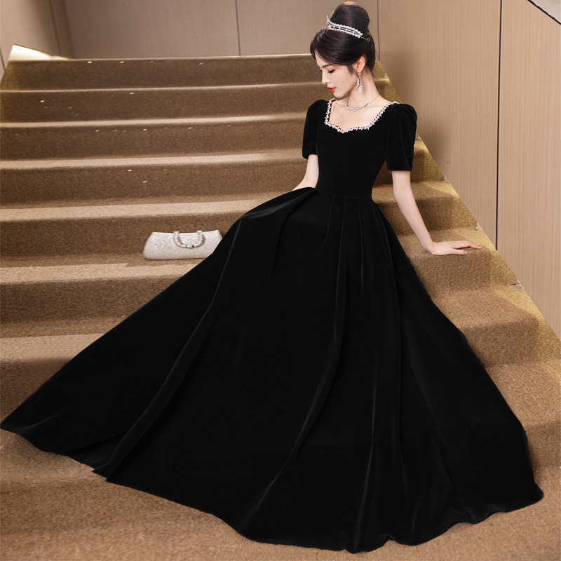 Black Plus-Size Evening Dress for Chubby Women, Velvet Toast Dress for Choir and Vocal Performance Exams, High-End Host and Vocal Performance Exam Dress