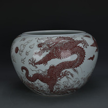 Qing Kangxi blue and white glaze in Red Sea water Double Dragon play bead pattern cylinder imitation official kiln ancient porcelain handmade porcelain antique collection