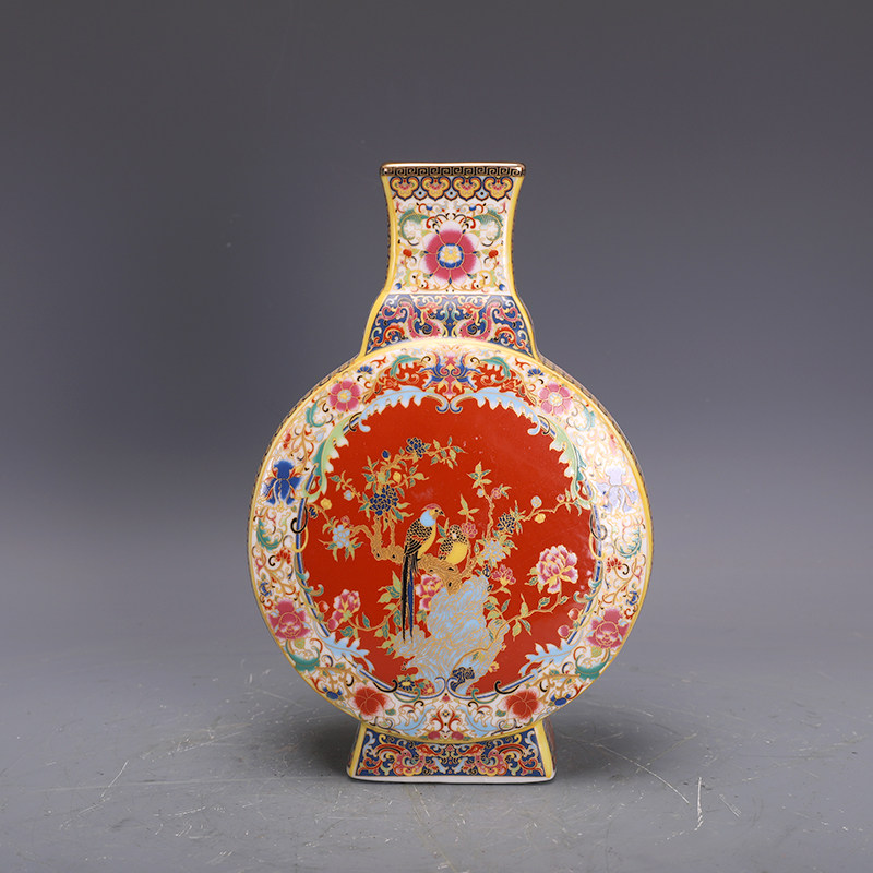 大清雍正珐琅彩花鸟纹扁瓶景德镇做旧仿古瓷器古玩古董收藏摆件