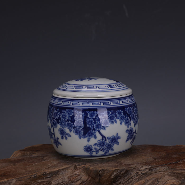 清代青花手工瓷花鸟纹茶叶盖罐景德镇仿古瓷古玩古董收藏博古摆件