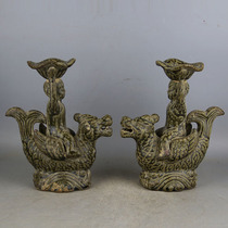 Western Jin Yue kiln green glaze sculpture porcelain doll riding God animal pattern oil lamp Candlestick old antique collection