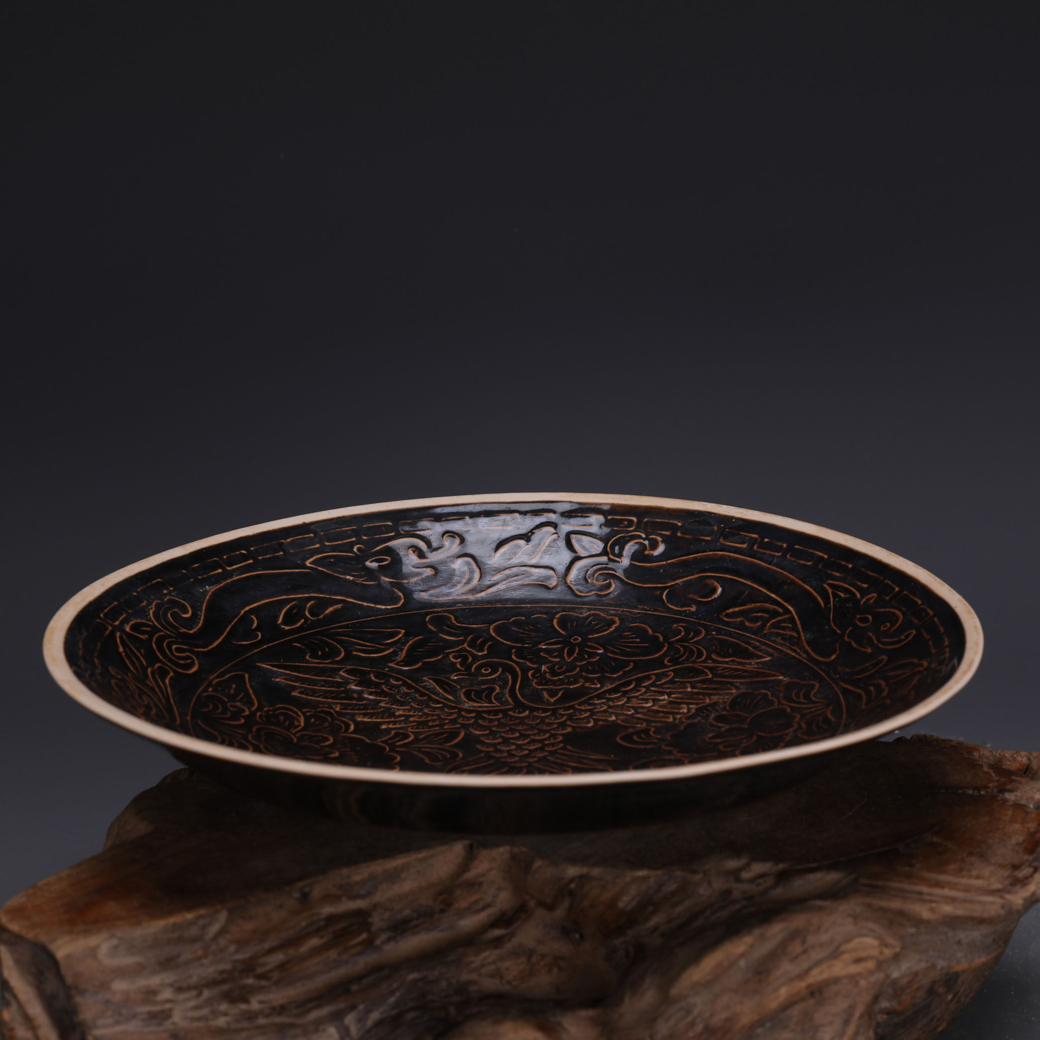 黒金釉 定窯 龍文 鳳凰文 陽刻 宋代 中国美術 古美術 中国古玩