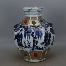 Yuan blue and white silver inlaid gem figure dog head can overseas return handmade antique antique porcelain antique collection