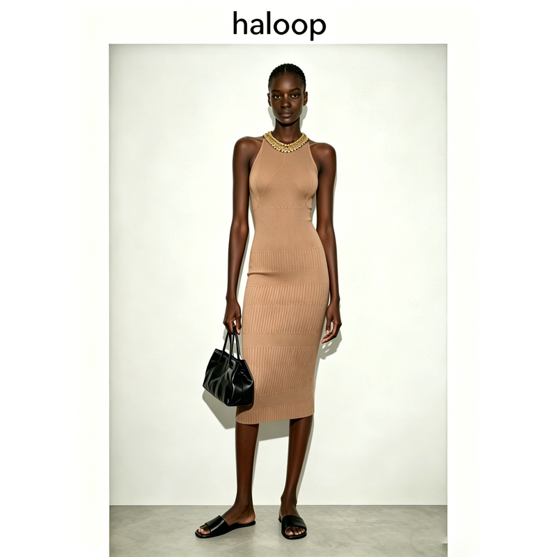 Haloop2026 Spring and Summer New Beaded Sleeveless Halter Neck Knitted Dress Women's Draped Hip-Hugging Skirt with Waist-Cinching Effect
