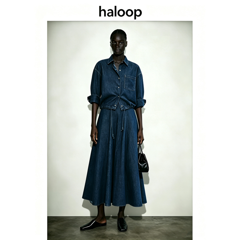 Haloop Dress Women's 2026 Autumn New Jacket Two-Piece Denim Skirt Set Simple and Versatile