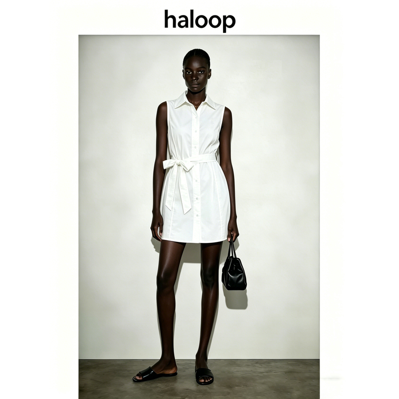 Haloop Fashionable Casual Comfortable Shirt-Style Dress with Ruffle Polo Collar, Sleeveless, Waist-Cinching, Tie-Up A-Line Skirt Haloop Fashionable Casual Comfortable Shirt-Style Dress with Ruffle Polo Collar, Sleeveless, Waist-Cinching, Tie-Up A-Line Skirt