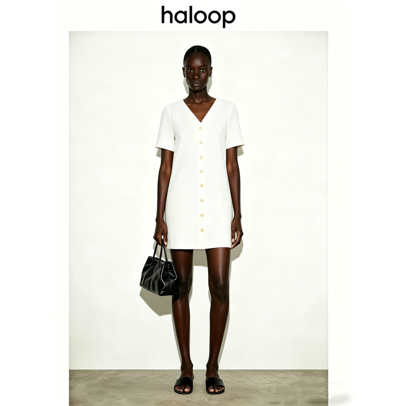 Haloop Standard Fit Button-Decorated Mini Dress 2026 Summer New Slim-Fit V-Neck Short-Sleeve Versatile