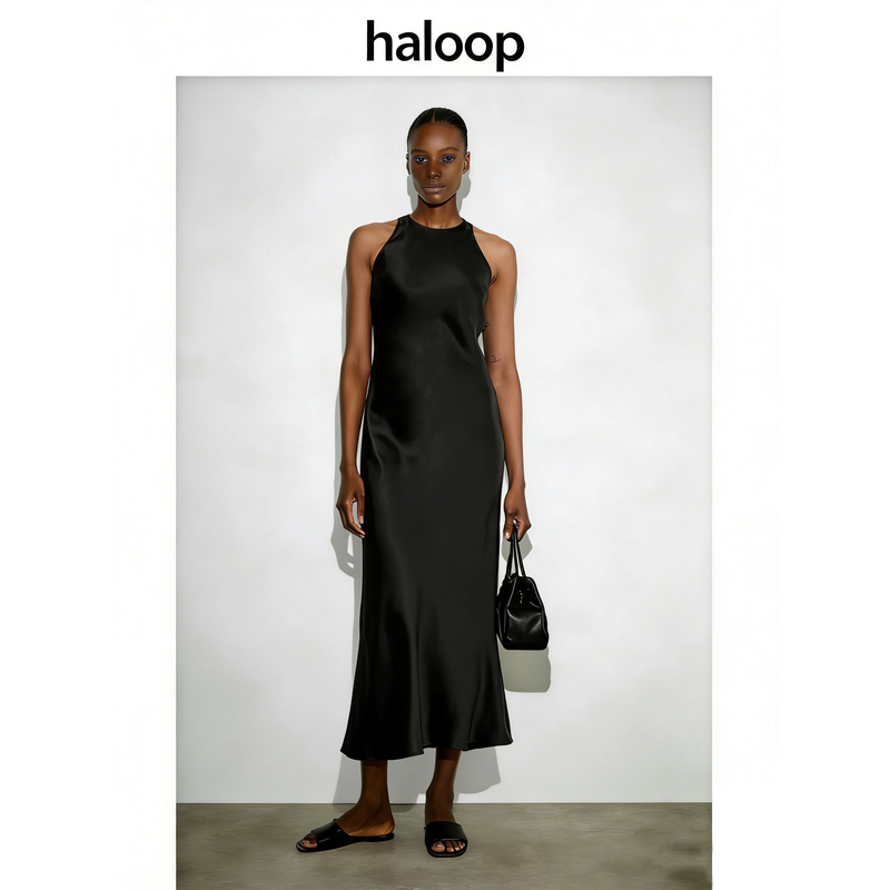 Haloop Drapey Triacetate Sleeveless Bias-Cut Satin Dress Spring and Summer Elegant Date Princess Long Dress