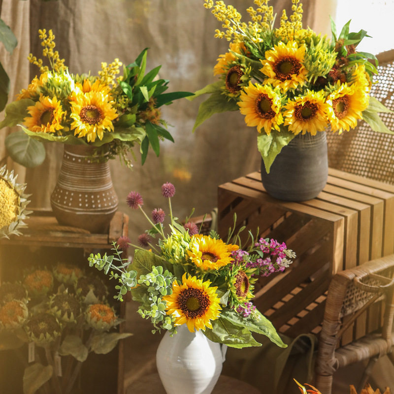 Clai handmade 45cm six yellow sunflower simulation flower wedding hand-held silk flower home decoration