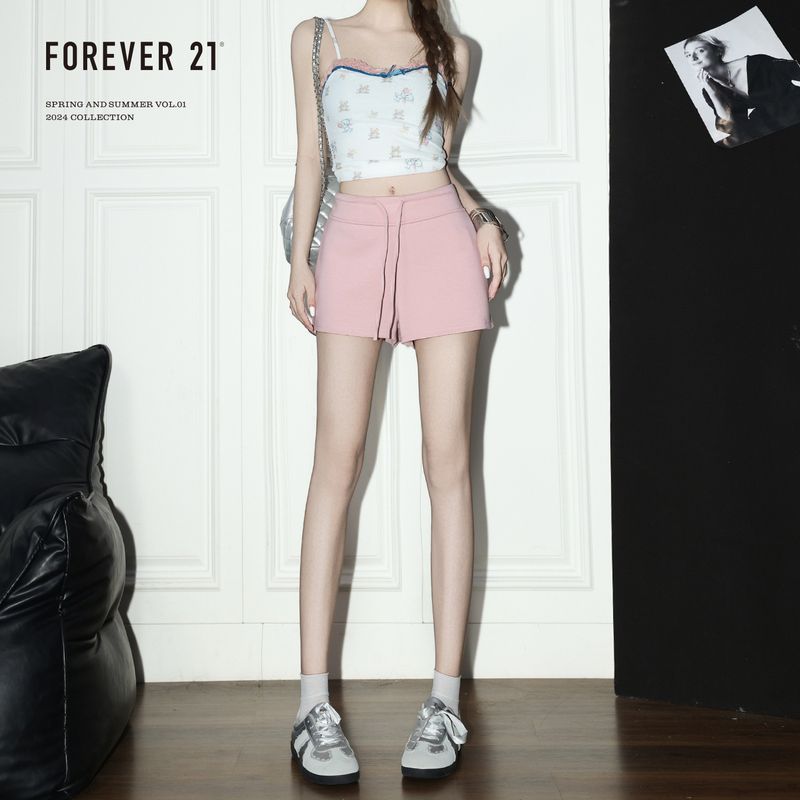 Forever21 Summer Sweet Pink High-Waisted Straight Shorts for Women Korean Style Dopamine A-Line Casual Sports Hot Pants