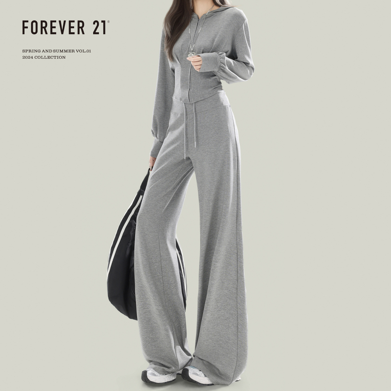 Forever 21 Loose Light Gray Wide-Leg Casual Sweatpants Women's Hooded Waist-Cinching Cardigan Sweatshirt Super Popular Sports Suit