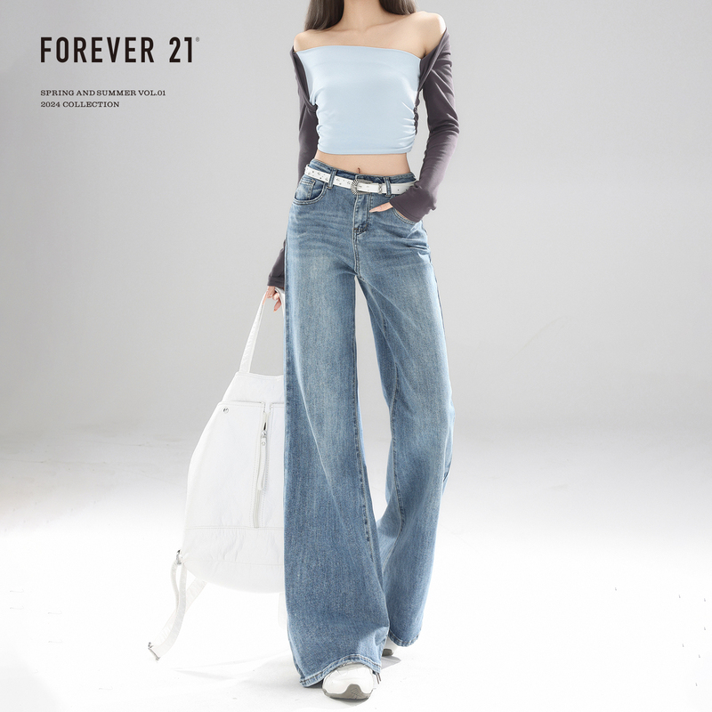Forever 21 Stylish Light Blue Bootcut Jeans for Women, Low-Waisted, Slimming, Loose, Drapey Straight-Leg Pants