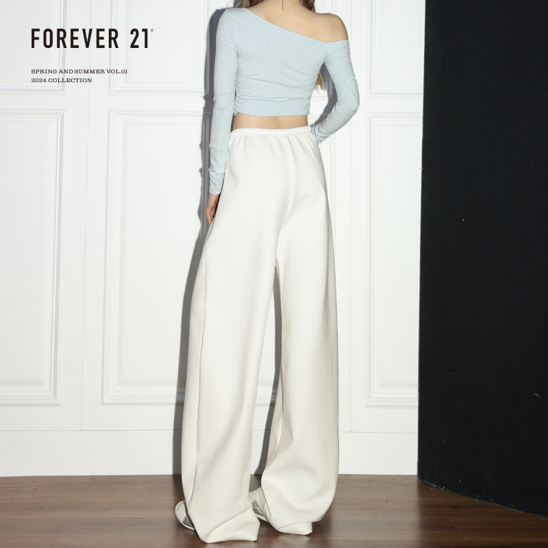 Forever 21 Versatile White Drawstring Wide-Leg Casual Pants for Women, Lazy Style, Retro High-Waisted Loose Drape Sweatpants