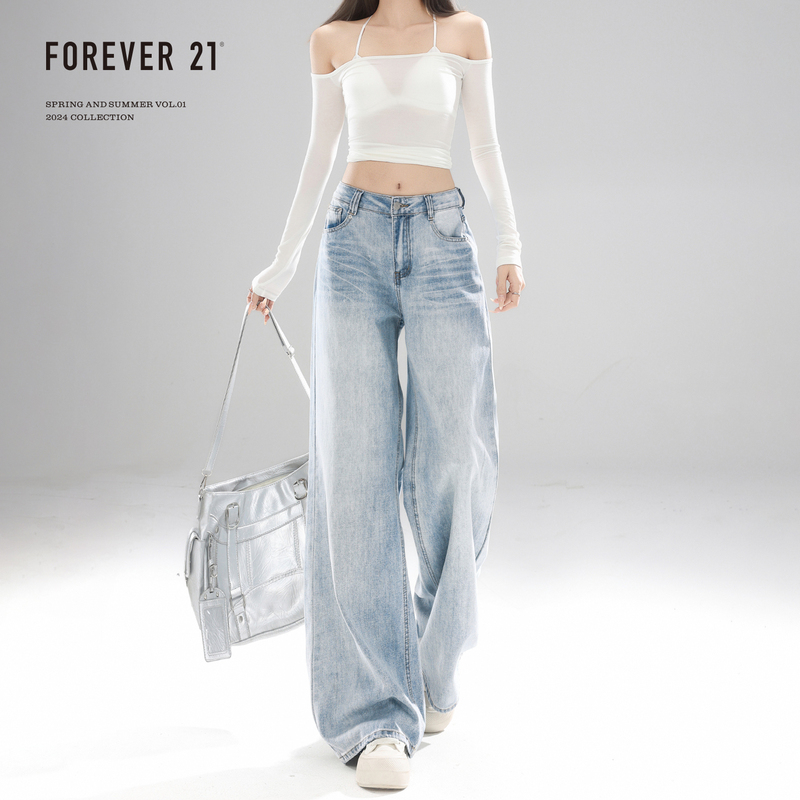 Forever 21 Versatile Retro Light Blue High-Waisted Wide-Leg Jeans for Women with Pear-Shaped Body, Loose and Drapey Straight-Leg Pants Forever 21 Versatile Retro Light Blue High-Waisted Wide-Leg Jeans for Women with Pear-Shaped Body, Loose and Drapey Straight-Leg Pants