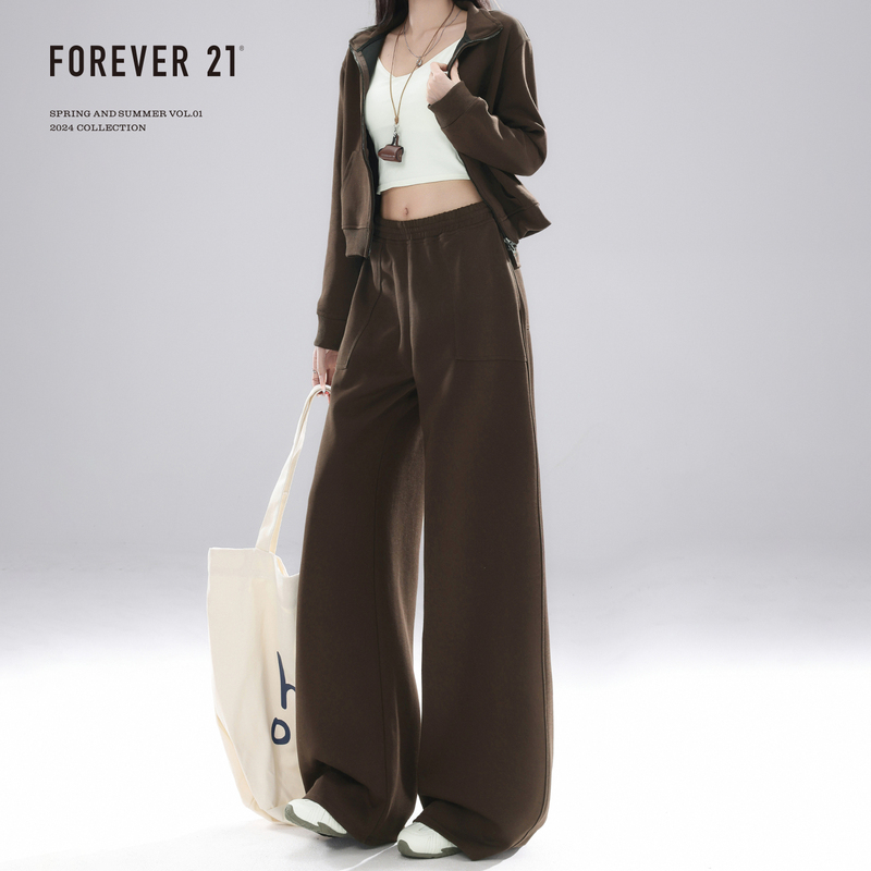 Forever 21 Hot Girl Coffee-Colored Sweatshirt Short Jacket Women's American Casual Wide-Leg Sweatpants Sports Casual Set