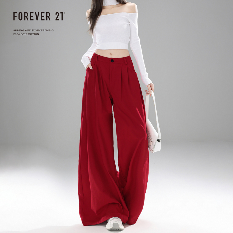 Forever 21 Retro Red High-Waisted Wide-Leg Casual Pants for Women, This Year's Popular Loose Drape Jogger Sweatpants