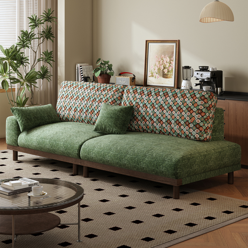 Retro-Style Fabric Sofa with Jacquard Chenille, Small-Sized Solid Wood, Mid-Century Style Living Room, Two-Seater with Single Armrest, Removable and Washable