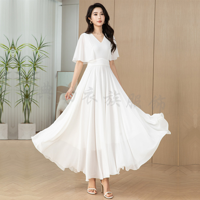 Retro V Neck White Dress, Long Seaside Vacation Dress, Waist Slimming Beach Dress, Ankle-Length Skirt with Large Hem Retro V Neck White Dress, Long Seaside Vacation Dress, Waist Slimming Beach Dress, Ankle-Length Skirt with Large Hem