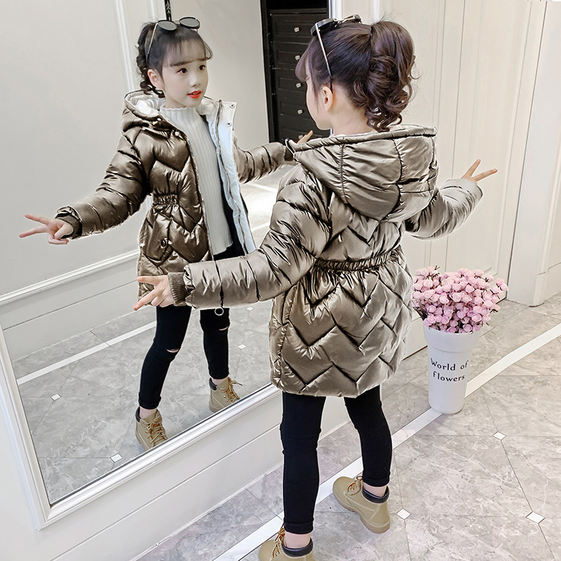 Girls ' cotton coat 2021 new winter hooded thick quilted jacket foreign girls bright leather free-wash down cotton coat
