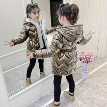 Girls cotton coat 2021 new winter clothing hooded thickened quilted jacket Foreign style girl bright skin leave-in feather cotton jacket