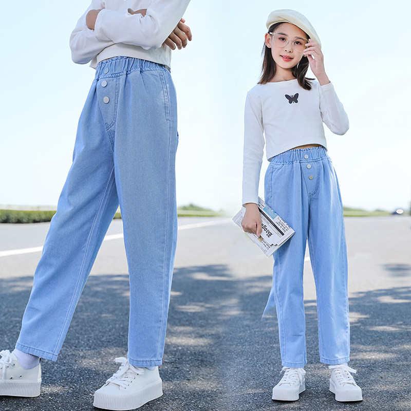 Girls' jeans spring and autumn new children's pants 2022 spring clothes in the big boy's Western style sports trousers casual pants