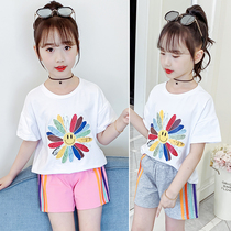 Girls suit 2021 new summer short-sleeved T-shirt shorts two-piece set childrens middle and large childrens Western-style top hot pants