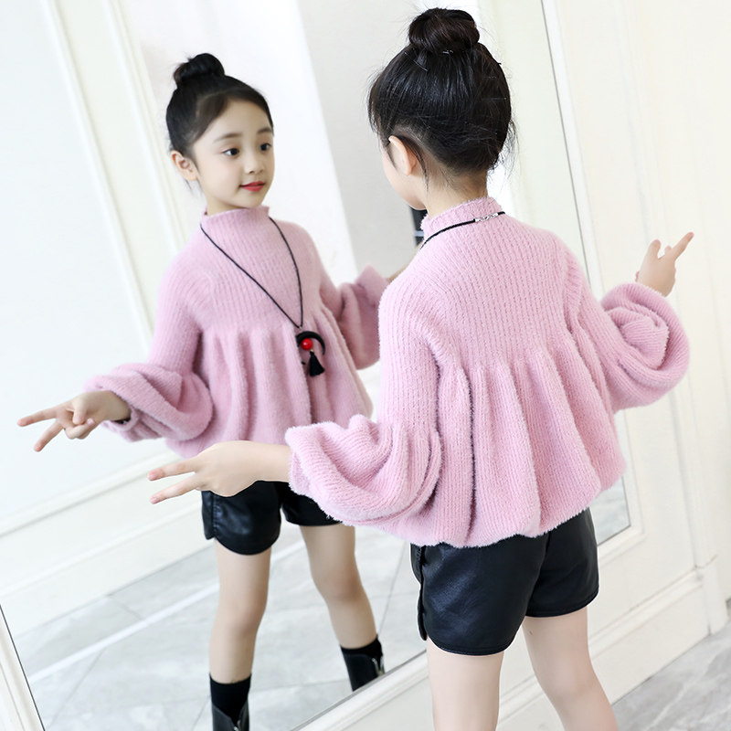 Girls sweater 2021 new autumn children's middle and large children's pullover lantern sleeve Western style middle and large children's thick sweater