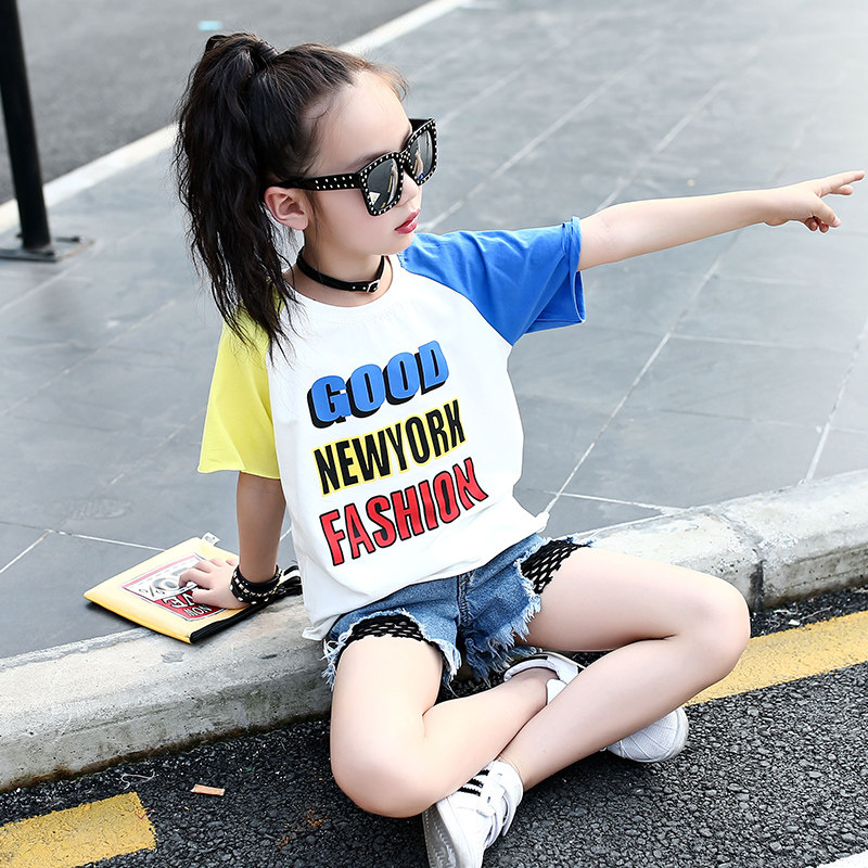 Girls ' T-shirt 2021 new summer T-shirt short sleeve Western style pullover top children's middle and large children's T-shirt fashion
