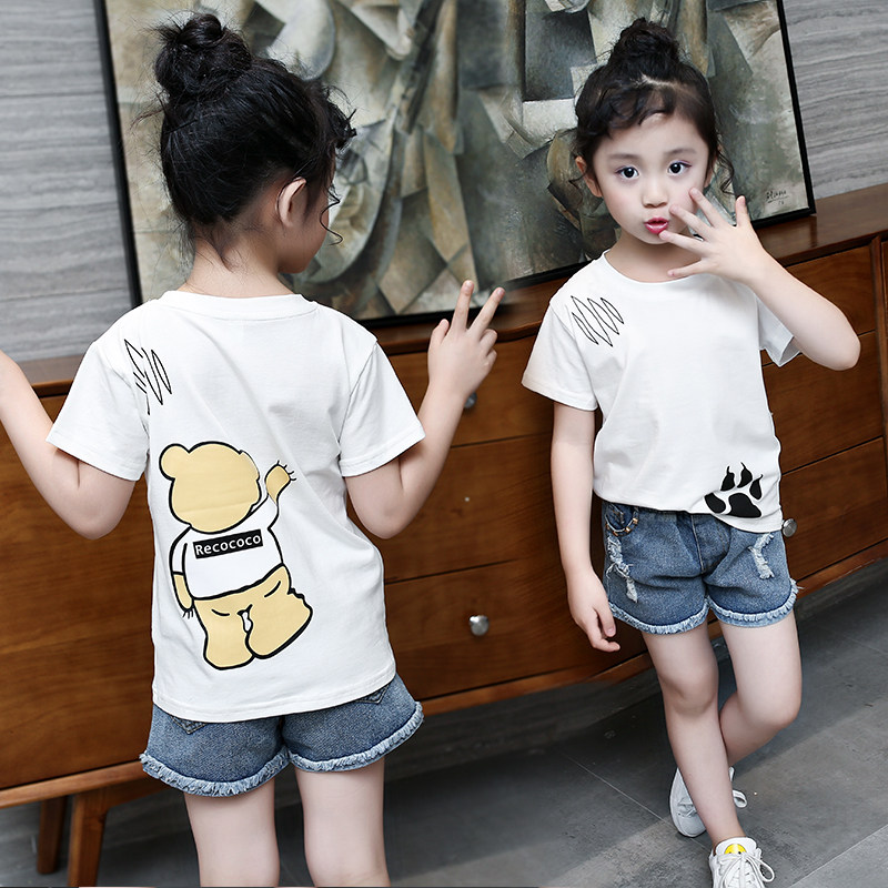 Girls short-sleeved T-shirt 2021 new summer children's middle and large children's top pullover Western style cotton fashion base shirt