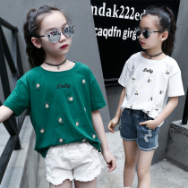 Girls short-sleeved T-shirt 2021 new summer t-shirt childrens middle and large childrens floral top pullover western-style base shirt
