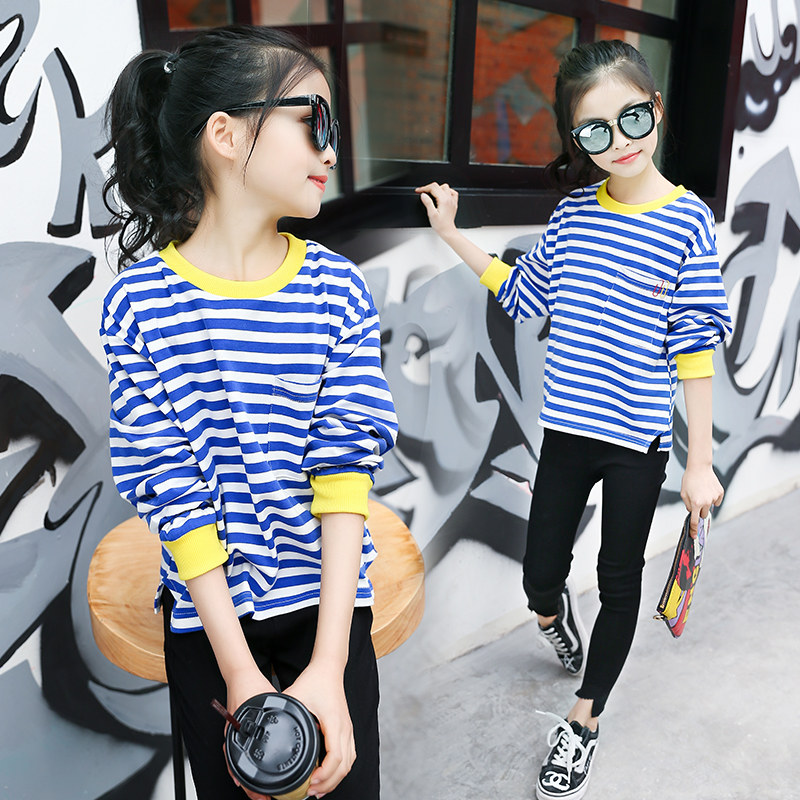 Girls Autumn 2021 New Round Neck Striped Top Children Long Sleeve Interior Clothes Korean version of Tong Tong Tong T-shirt