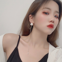 Advanced sensory tassel pearl chain ear clip personality long earrings female temperament Joker c-shaped one-piece eardrop