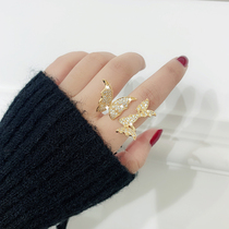 ins same super fairy three-dimensional three butterfly rings female Japanese light luxury flash diamond micro-inlaid zircon open food ring