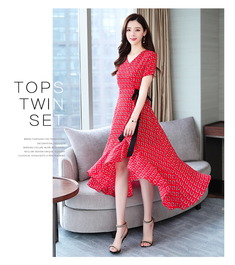 VK旗艦店 韓系時尚V領修身顯瘦收腰雪紡長版短袖洋裝